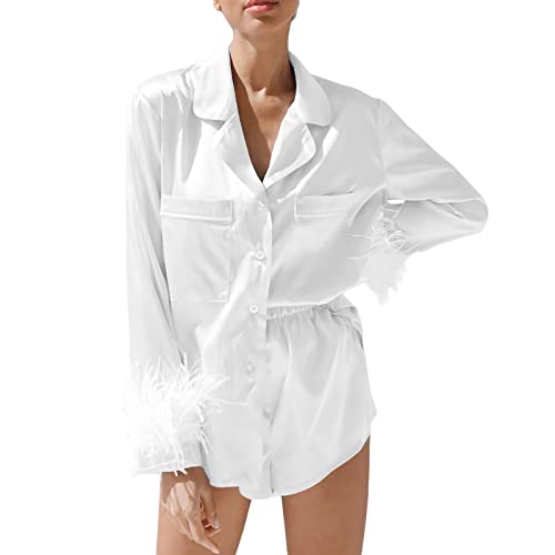 Women's Satin Pajamas Sets Long Feather Sleeve Button Down Shirts Pajamas Shorts Set Nightwear Loungewear Pjs (White, Small)