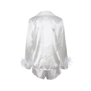 Women's Satin Pajamas Sets Long Feather Sleeve Button Down Shirts Pajamas Shorts Set Nightwear Loungewear Pjs (White, Small)