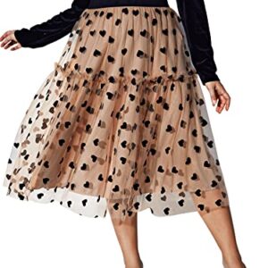 Floerns Women's Plus Size Heart Printed Contrast Mesh Frill Trim Flared Midi Skirt Apricot 2XL