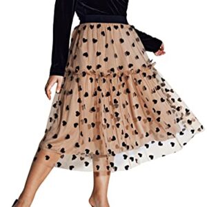 Floerns Women's Plus Size Heart Printed Contrast Mesh Frill Trim Flared Midi Skirt Apricot 2XL