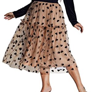 Floerns Women's Plus Size Heart Printed Contrast Mesh Frill Trim Flared Midi Skirt Apricot 2XL