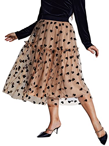 Floerns Women's Plus Size Heart Printed Contrast Mesh Frill Trim Flared Midi Skirt Apricot 2XL