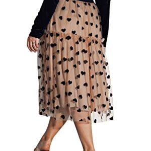 Floerns Women's Plus Size Heart Printed Contrast Mesh Frill Trim Flared Midi Skirt Apricot 2XL