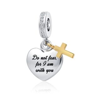 mzc jewelry cross heart charm for pandora bracelets engraved do not fear, for i am with you bible christian god jesus dangle bead birthday gift for mom women family