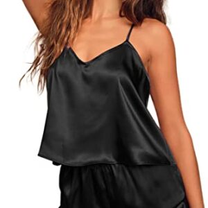 CHYRII Women's Sexy Ruffled Silk Satin PJS Racerback Cami Tops Shorts 2 PCS Pajamas Sets Nightwear Black M