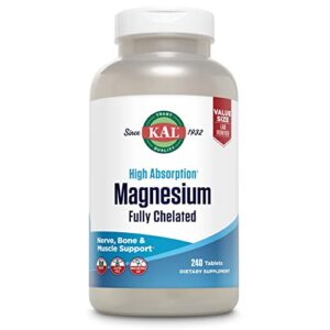 kal magnesium glycinate tablets, fully chelated, high absorption formula with magnesium bisglycinate chelate for nerve, muscle & bone health support, vegan, gluten free, value size, 240 tablets