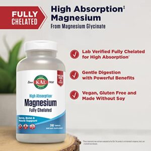 KAL Magnesium Glycinate Tablets, Fully Chelated, High Absorption Formula with Magnesium Bisglycinate Chelate for Nerve, Muscle & Bone Health Support, Vegan, Gluten Free, Value Size, 240 Tablets