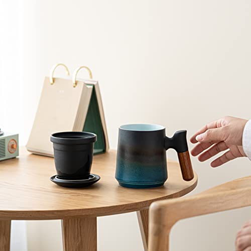 ZENS Tea Cup with Infuser and Lid, 13.5 Ounce Gradient Blue Ceramic Loose Leaf Tea Mug, Rosewood Handle Tea Steeping Mug for Gifts, Black&Blue