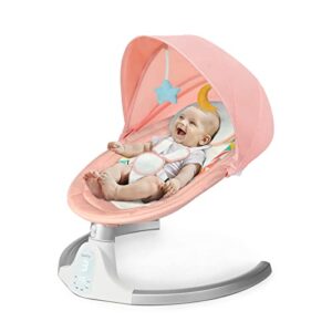 bioby baby swing for infants,the five-point seat belt,bluetooth touch screen/remote control baby bouncer with music speaker,motorized portable swing with 5 swing speeds（pink）