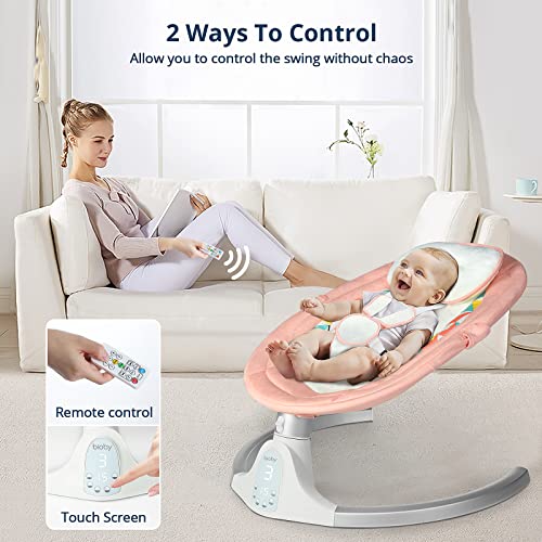 Bioby Baby Swing for Infants,The Five-Point Seat Belt,Bluetooth Touch Screen/Remote Control Baby Bouncer with Music Speaker,Motorized Portable Swing with 5 Swing Speeds（Pink）