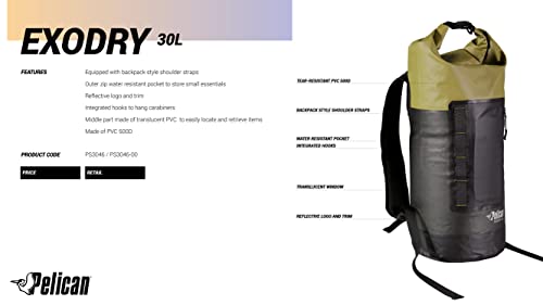 Pelican - ExoDry 30L Large Drybag - Black - Waterproof - Backpack-Type Shoulder Straps - Thick & Lightweight - Roll Top Compression - Keeps Gear Dry for Kayaking, Rafting, Fishing