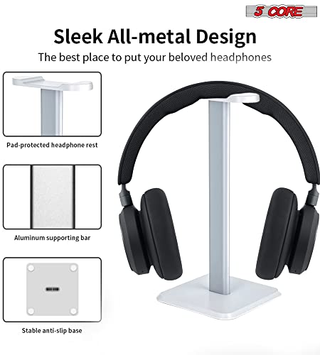 5 CORE Headphone Stand Headset Holder with Aluminum Supporting Bar Flexible ABS Solid Base for All Headphones Size HD STND (White)