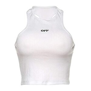 womens ribbed sleeveless halter racerback slim fit tank top crop tops shirtstreetwear (white, l)