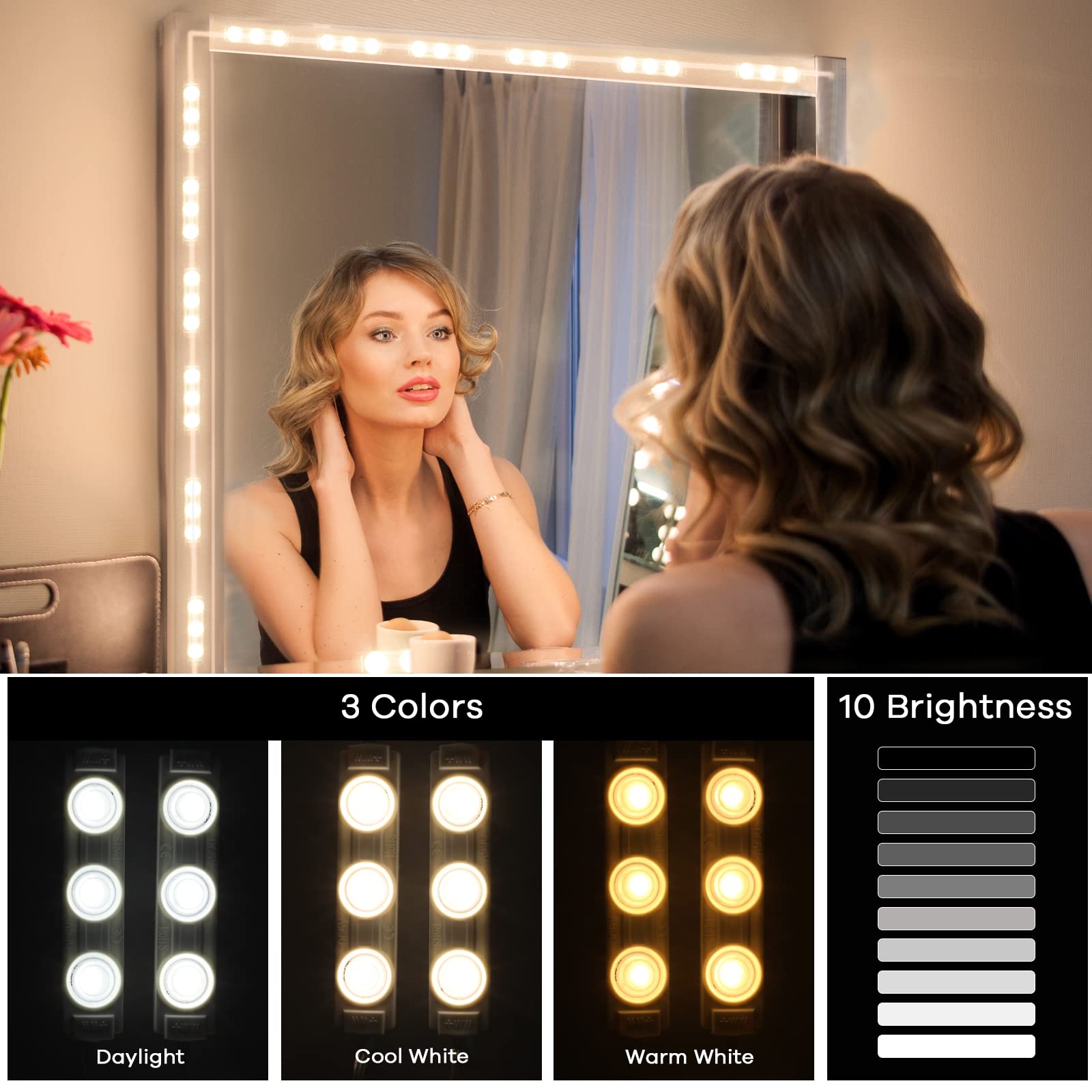 Consciot LED Vanity Lights for Mirror, Hollywood Style Mirror Strip, Adjustable Color & Brightness, USB Cable, Dimmable Makeup Stick on Table Dressing Room Mirror,White
