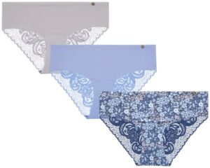 lucky brand women's underwear - microfiber lace hipster briefs (3 pack), size large, indigo/blue/silver scone