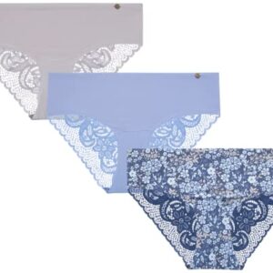 Lucky Brand Women's Underwear - Microfiber Lace Hipster Briefs (3 Pack), Size Large, Indigo/Blue/Silver Scone
