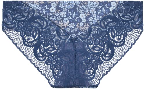 Lucky Brand Women's Underwear - Microfiber Lace Hipster Briefs (3 Pack), Size Large, Indigo/Blue/Silver Scone