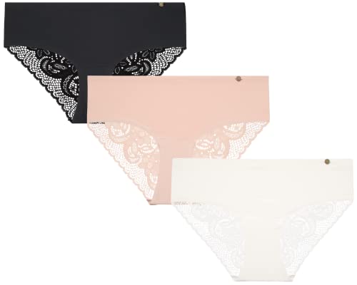 Lucky Brand Women's Underwear - Microfiber Lace Hipster Briefs (3 Pack), Size Large, Gardenia/Natural/Black