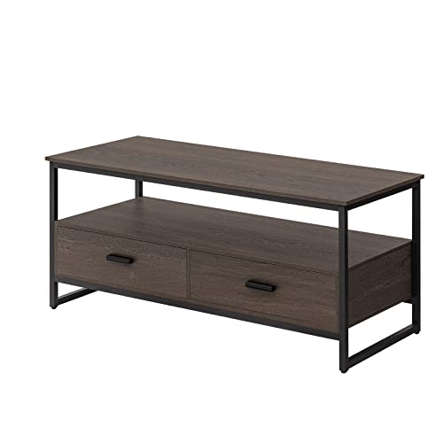 WEENFON Coffee Table, Industrial Coffee Table with 2 Cloth Drawers & Open Storage Shelf, Modern Accent Cocktail Table with Hidden Compartment for Living Room, Metal Frame, Dark Brown