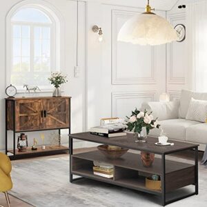 WEENFON Coffee Table, Industrial Coffee Table with 2 Cloth Drawers & Open Storage Shelf, Modern Accent Cocktail Table with Hidden Compartment for Living Room, Metal Frame, Dark Brown