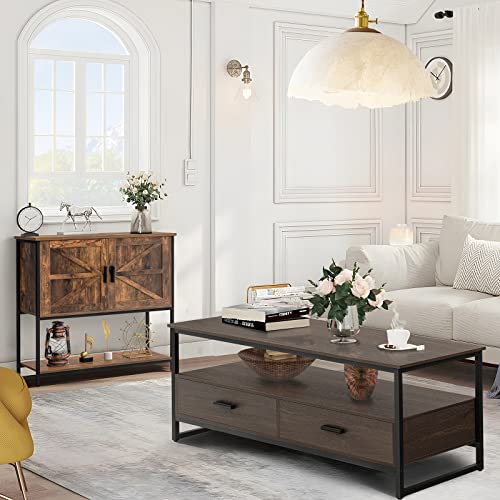 WEENFON Coffee Table, Industrial Coffee Table with 2 Cloth Drawers & Open Storage Shelf, Modern Accent Cocktail Table with Hidden Compartment for Living Room, Metal Frame, Dark Brown