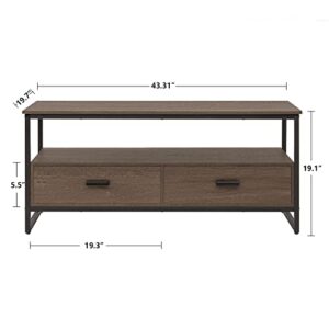 WEENFON Coffee Table, Industrial Coffee Table with 2 Cloth Drawers & Open Storage Shelf, Modern Accent Cocktail Table with Hidden Compartment for Living Room, Metal Frame, Dark Brown