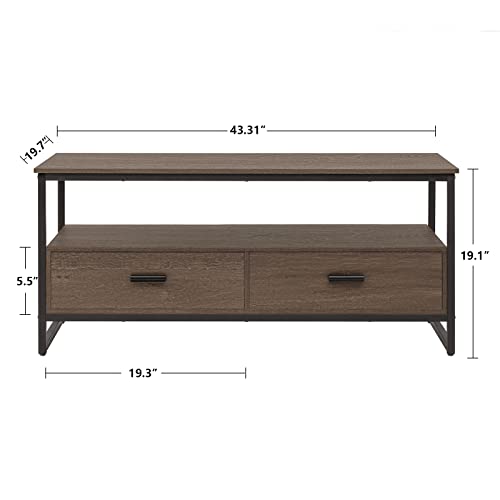 WEENFON Coffee Table, Industrial Coffee Table with 2 Cloth Drawers & Open Storage Shelf, Modern Accent Cocktail Table with Hidden Compartment for Living Room, Metal Frame, Dark Brown