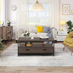 WEENFON Coffee Table, Industrial Coffee Table with 2 Cloth Drawers & Open Storage Shelf, Modern Accent Cocktail Table with Hidden Compartment for Living Room, Metal Frame, Dark Brown