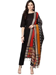 arayna women's cotton solid straight kurta set with palazzo pants and printed dupatta, black, medium