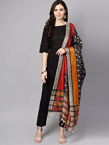 Arayna Women's Cotton Solid Straight Kurta Set with Palazzo Pants and Printed Dupatta, Black, Medium