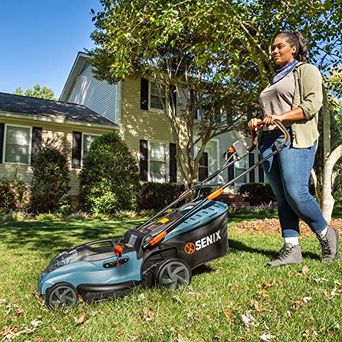 SENIX Electric Lawn Mower, 17-Inch, 58V Max* Cordless Lawn Mower with Brushless Motor, 6-Position Height Adjustment, 2.5Ah Lithium Ion Battery and Charger Included, LPPX5-M, Blue