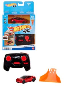 hot wheels rc tesla roadster in 1:64 scale, remote-control toy car with controller & track adapter, works on & off track