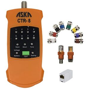 aska com 8-way coaxial cable mapper locator toner tracer, circuit tester, coax wire continuity tracer, coax explorer for locating rg6 rg59 coax cable lan cable, include battery & 3 rj-45 adapters