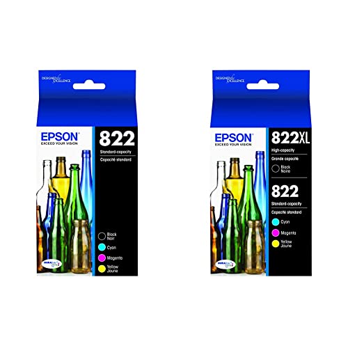 Epson T822 DURABrite Ultra -Ink Standard Capacity Black & Color & T822 DURABrite Ultra Ink High Capacity Black & Standard Color Cartridge Combo Pack (T822XL-BCS)