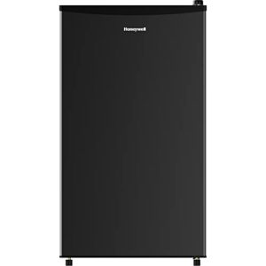 honeywell compact refrigerator 3.3 cu ft mini fridge with freezer, single door, low noise, removable shelves, for bedroom, office, dorm with adjustable temperature settings, black