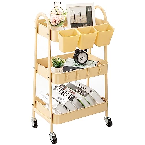 danpinera 3-Tier Rolling Cart, Metal Rolling Storage Cart with Lockable Wheels & Hanging Cups & Hooks, Mobile Trolley Cart for Kitchen, Bathroom, Office, Workshop, Yellow