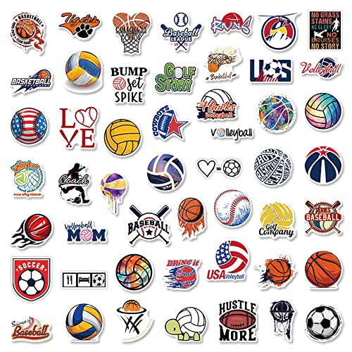 200PCS Sports Stickers Ball Stickers Basketball Baseball Volleyball Soccer Stickers Kids Teens Waterproof Vinyl Stickers for Water Bottles Wall Scrapbooking Laptop Sport Theme Decorations