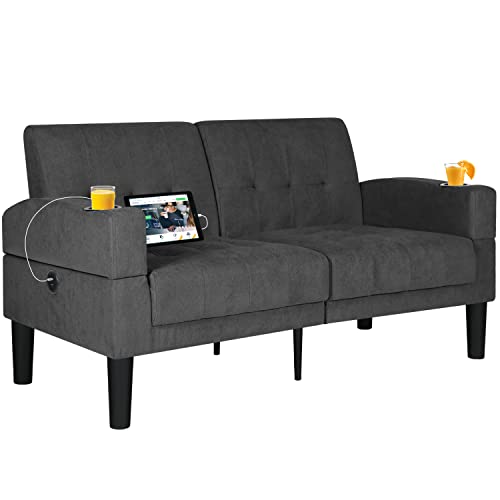 AILEEKISS 56" W Loveseat Sofa Upholstered Love Seat Sofas with 2 USB and Removable Armrests Modern Fabric Couches for Living Room, Apartment, Small Space (2-Seat, Dark Grey)