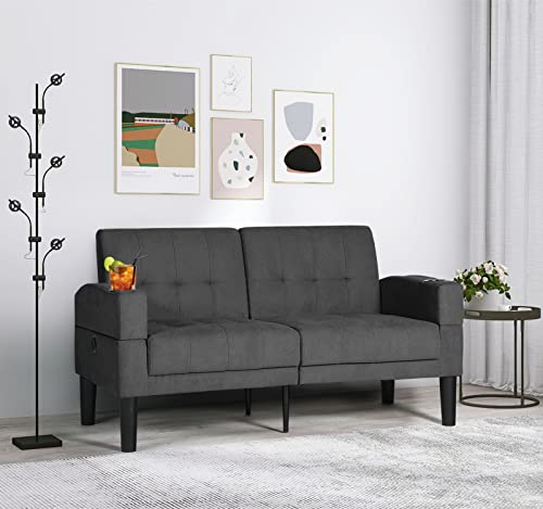 AILEEKISS 56" W Loveseat Sofa Upholstered Love Seat Sofas with 2 USB and Removable Armrests Modern Fabric Couches for Living Room, Apartment, Small Space (2-Seat, Dark Grey)