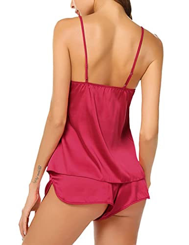 XSPQGQ Womens Sexy Lingerie Satin Pajamas set Sleepwear Cami Shorts Set Nightwear S-XL(L, A-Wine red)