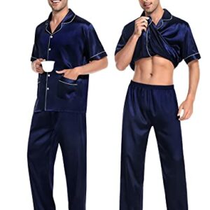 SWOMOG Women's Satin Pjs Set Two Piece Lounge Set Button Down Sleepwear Silk Pajamas Navy Blue