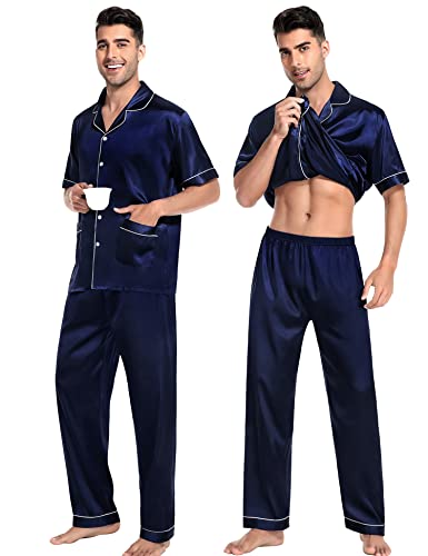 SWOMOG Women's Satin Pjs Set Two Piece Lounge Set Button Down Sleepwear Silk Pajamas Navy Blue