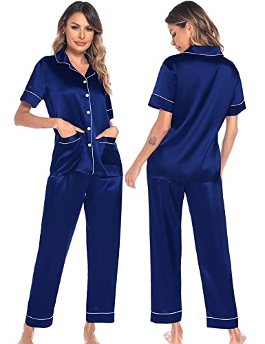 SWOMOG Women's Satin Pjs Set Two Piece Lounge Set Button Down Sleepwear Silk Pajamas Navy Blue