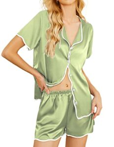 eshion satin pajamas for teen girls satin pajama shorts set notch collar pjs summer silk loungewear (aqua green,l)