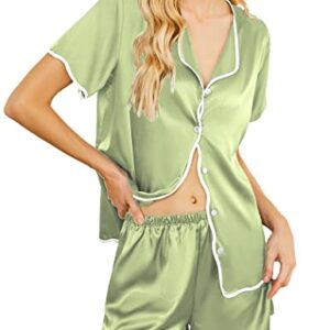 eshion Satin Pajamas for Teen Girls Satin Pajama Shorts Set Notch Collar Pjs Summer Silk Loungewear (Aqua Green,L)