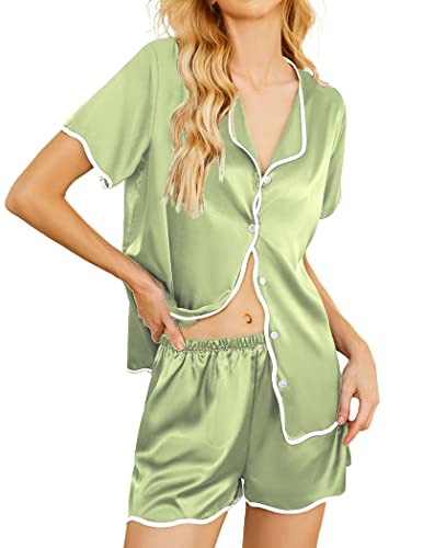 eshion Satin Pajamas for Teen Girls Satin Pajama Shorts Set Notch Collar Pjs Summer Silk Loungewear (Aqua Green,L)