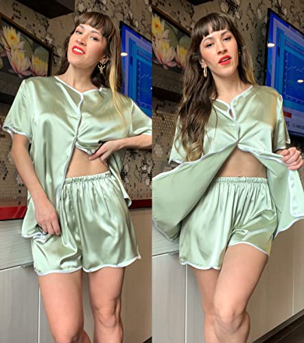 eshion Satin Pajamas for Teen Girls Satin Pajama Shorts Set Notch Collar Pjs Summer Silk Loungewear (Aqua Green,L)