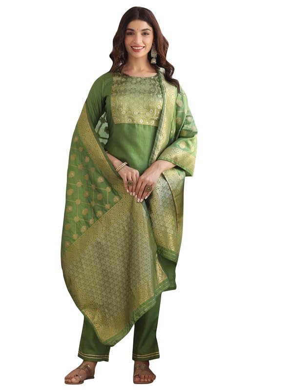 Vaamsi Women's Poly Silk Solid Kurta Pant and Dupatta Set (PKSKD1109_3XL_Green)