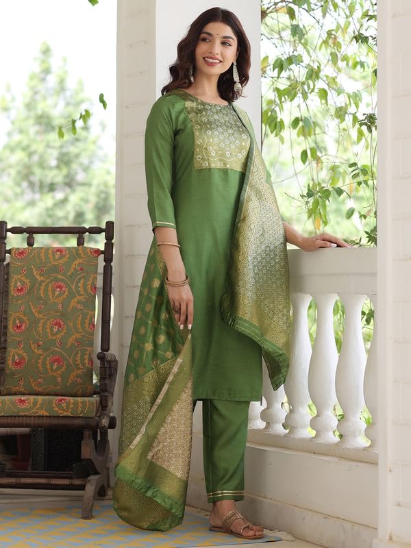 Vaamsi Women's Poly Silk Solid Kurta Pant and Dupatta Set (PKSKD1109_3XL_Green)