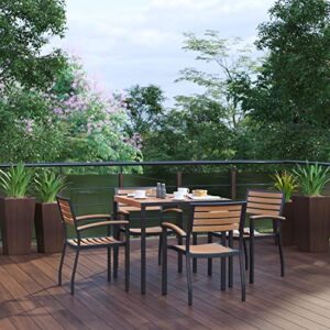 Flash Furniture 5 Piece Outdoor Dining Table Set - Synthetic Teak Poly Slats - 35" Square Steel Framed Table with Umbrella Holder Hole - 4 Stackable Club Chairs